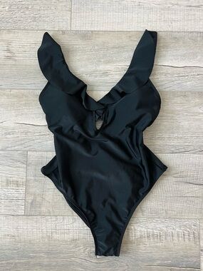 Shade & Shore Black Ruffle-Strap One-Piece Swimsuit